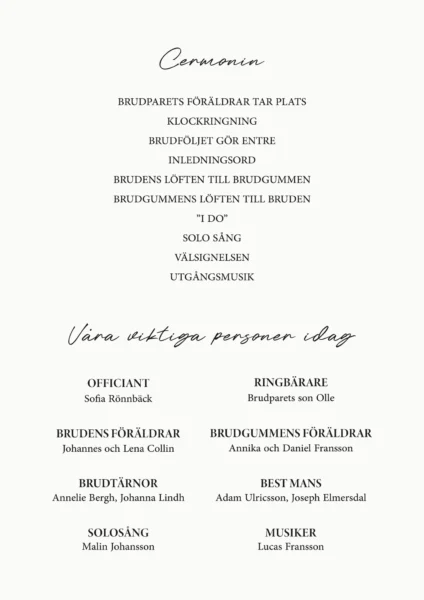 Vigselprogram till bröllop från LettersForYou